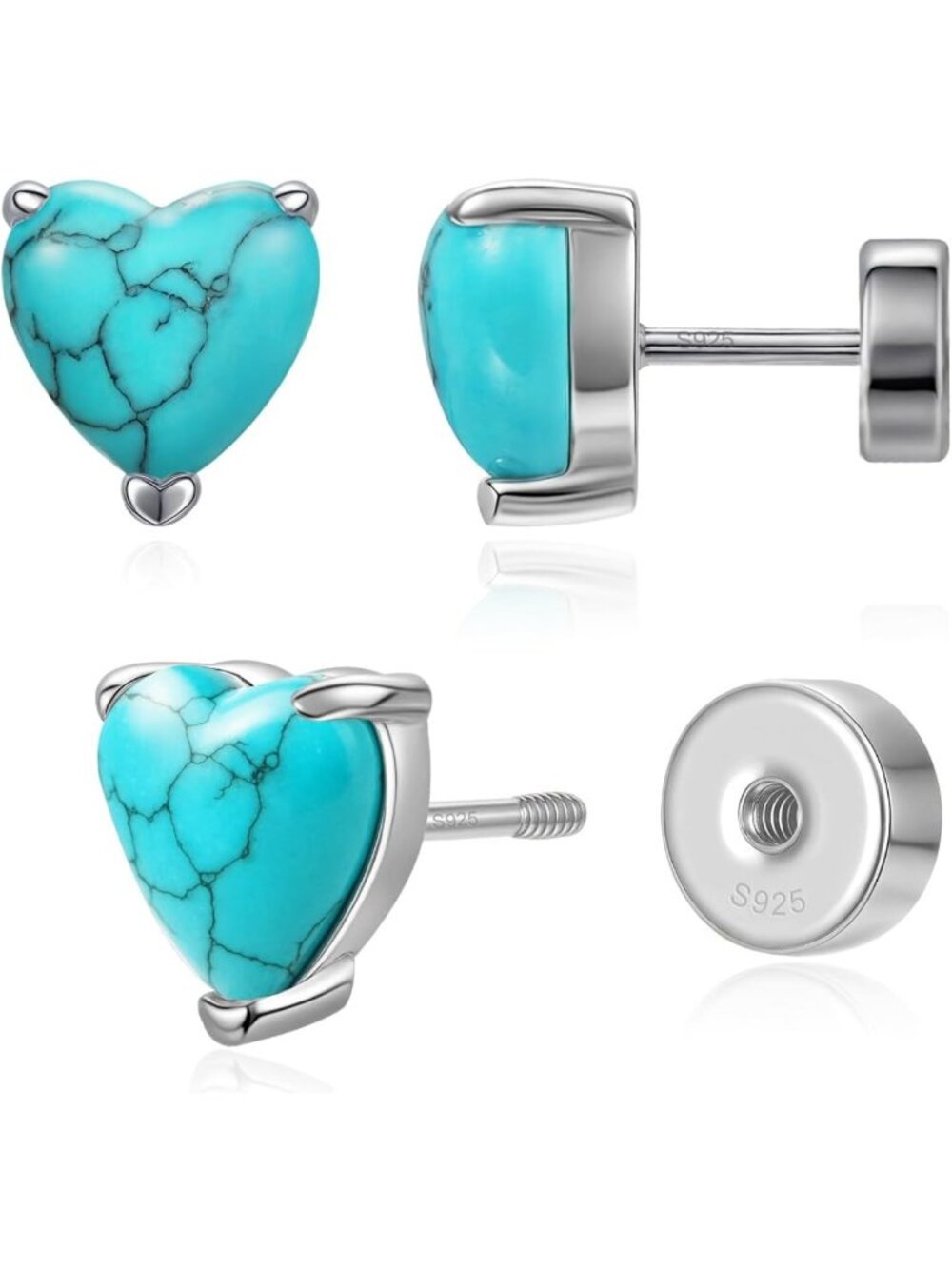 Heart Birthstone Flat Back Stud Earrings, 925 Sterling Silver, Hypoallergenic